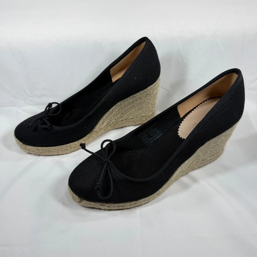 J. Crew Seville Black Canvas Espadrille Wedge Pumps Bow Detail Made in Spain
